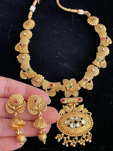 Matt Gold n Kundan Necklace Set with Jhumkis