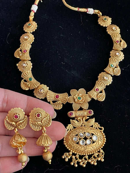 Matt Gold n Kundan Necklace Set with Jhumkis