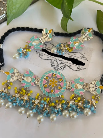 Turquoise Blue Meenakari Choker Set