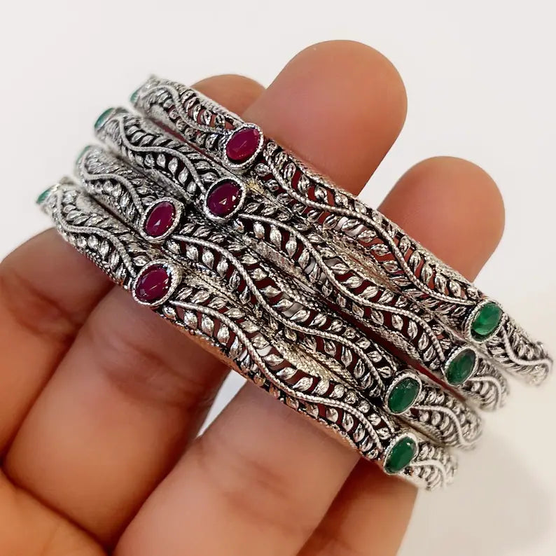 Multicolored Stones Oxidized Silver Bangles(4 Pc)