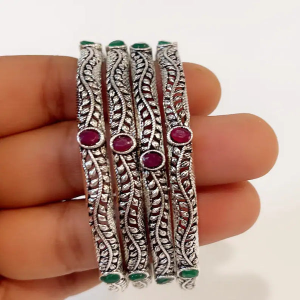 Multicolored Stones Oxidized Silver Bangles(4 Pc)