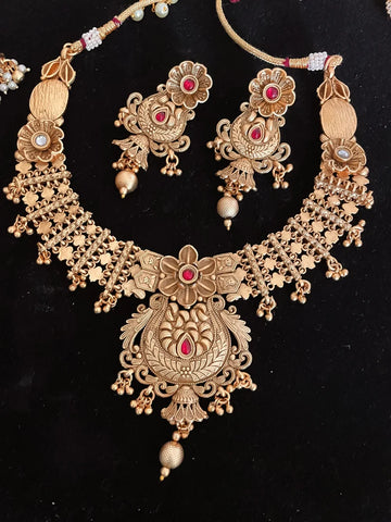 Gold Plated Necklace Set with Red Stones