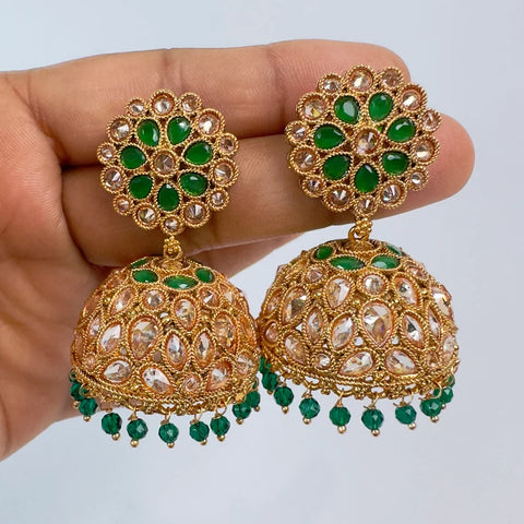 Gold Plated Emerald Polki Jhumka