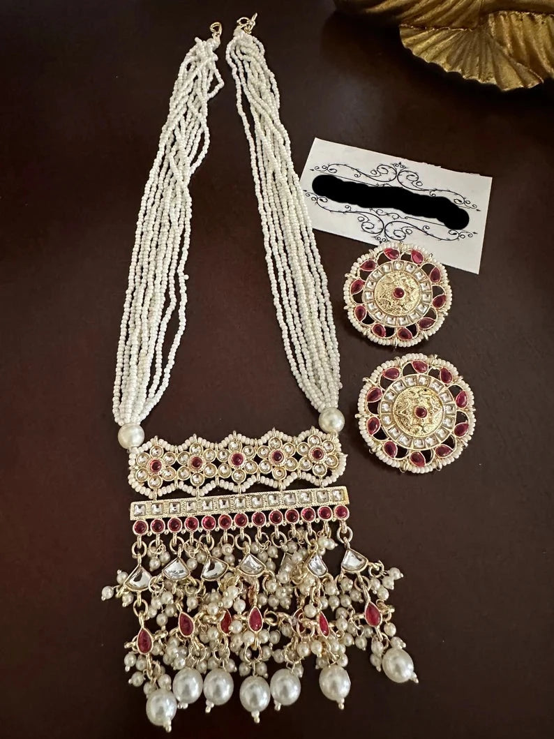 Red Long Kundan Mala Pearls Necklace Set