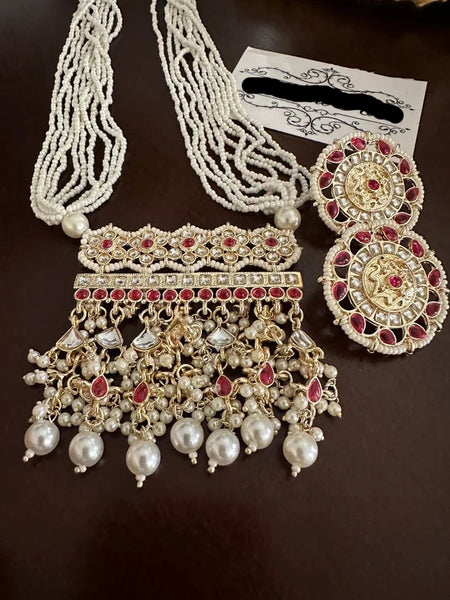 Red Long Kundan Mala Pearls Necklace Set