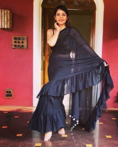 Black Mul Cotton Ruffle Saree