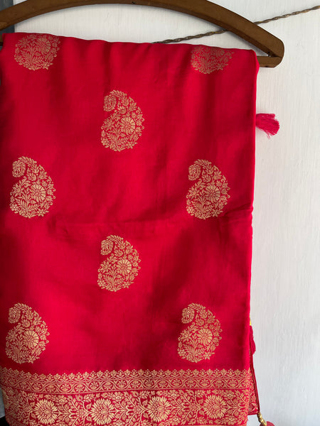 Pinkish Red Muga Silk Saree