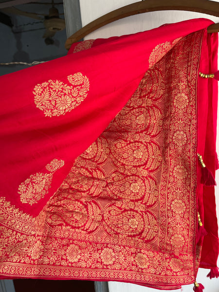 Pinkish Red Muga Silk Saree