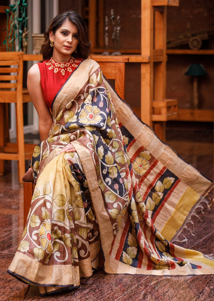 PURE TASSAR SILK SAREE WITH KALAMKARI DESIGN