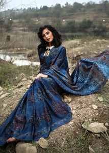 PURE MODAL SILK BLOCK PRINTED MIDNIGHT BLUE AJRAKH SAREE