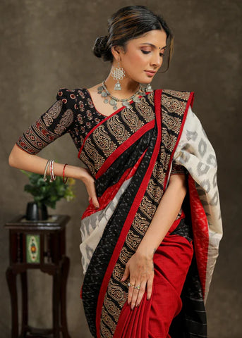 STYLISH MAROON COTTON SAREE WITH WHITE AND BLACK COMBINATION PALLU AND AJRAKH BORDER