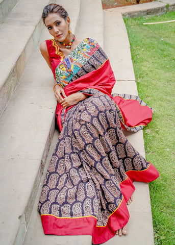 COTTON AJRAKH SAREE WITH INTRICATE MADHUBANI HAND PAINTED BORDER