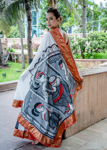 WHITE AND BLACK CHANDERI HANDPAINTED SAREE WITH BANARASI BORDER