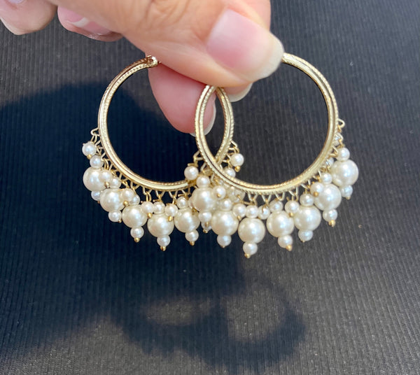 Pearl Gold Chandbali Hoop Jhumka Earrings