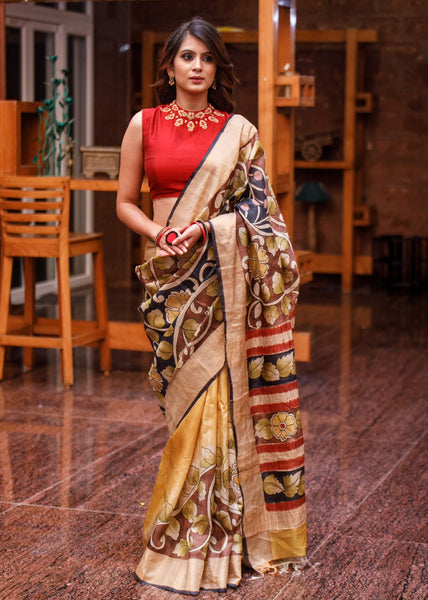 PURE TASSAR SILK SAREE WITH KALAMKARI DESIGN