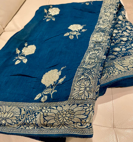 Midnight Blue & Antique Gold Munga Silk Saree