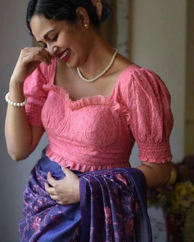 Pink Hakoba Cotton Puff Ruffle Blouse with Embroidery Chikankari Work