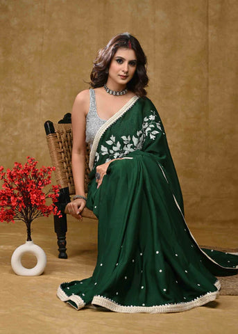 FOREST GREEN HANDLOOM SILK SAREE WITH EMBROIDERED BORDER