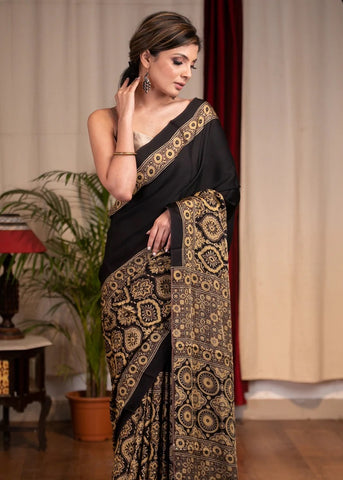 PURE MODAL SILK BLOCK PRINTED BLACK AJRAKH SAREE