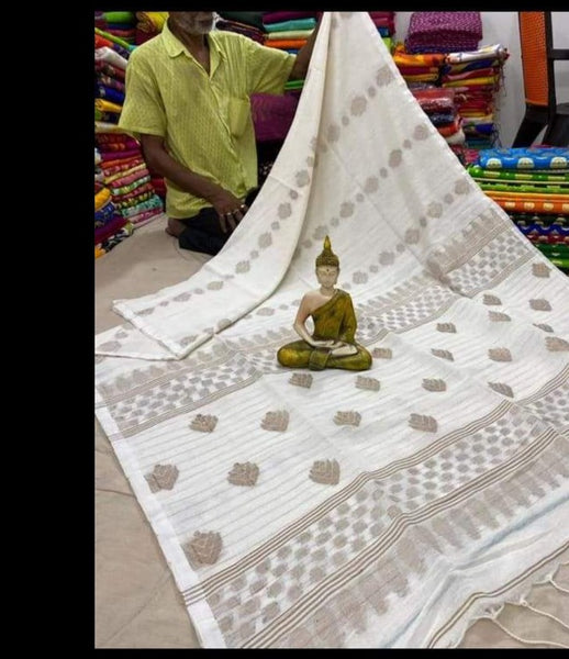 Pearl White Organic Linen With Jacquard  Work and Pallu