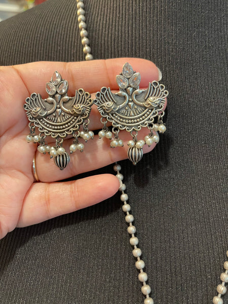 German Silver Half Moon Peacock Necklace with Earrings