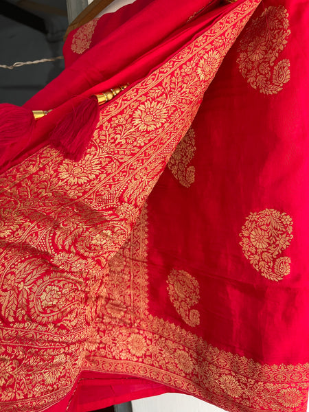 Pinkish Red Muga Silk Saree