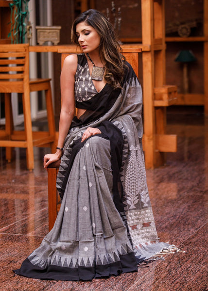 GREY MERCERISED COTTON BENGAL HANDLOOM SAREE