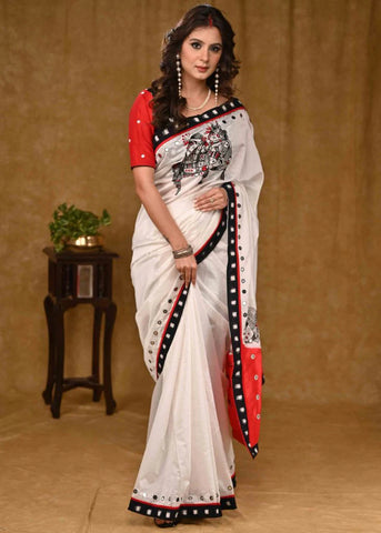 WHITE AND RED CHANDERI SAREE WITH DELICATE HAND WORK AND BLACK IKAAT BORDER