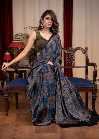 PURE MODAL SILK BLOCK PRINTED BLUE AJRAKH SAREE WITH FLORAL MOTIFS