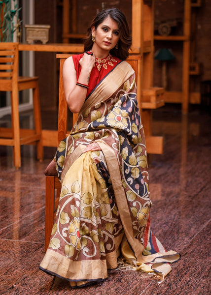 PURE TASSAR SILK SAREE WITH KALAMKARI DESIGN