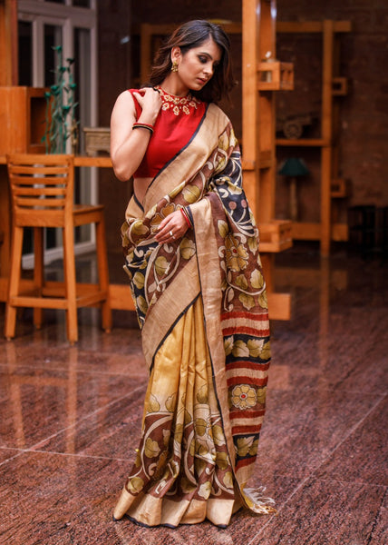 PURE TASSAR SILK SAREE WITH KALAMKARI DESIGN