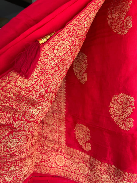 Pinkish Red Muga Silk Saree