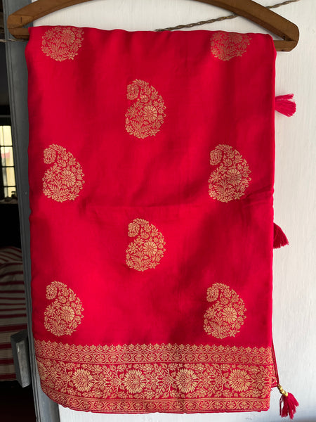 Pinkish Red Muga Silk Saree