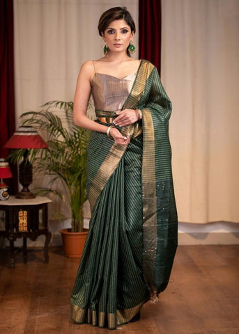 STRIPED OLIVE GREEN KOTA SILK SAREE