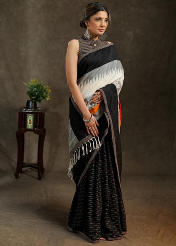 Black Ikkat Cotton Saree with White and Grey Combination Pallu