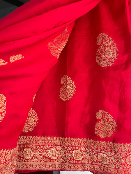 Pinkish Red Muga Silk Saree