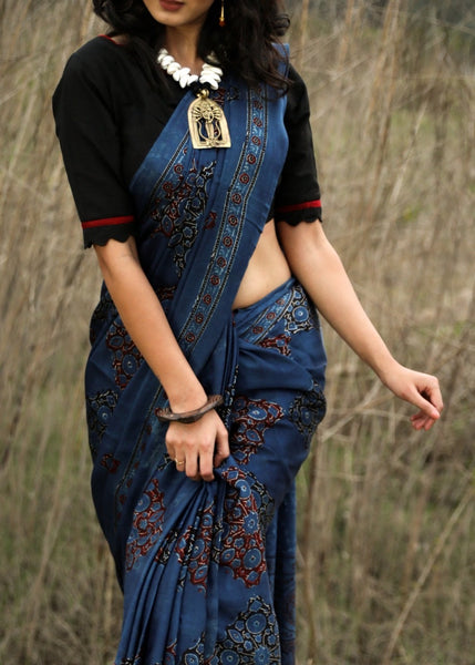 PURE MODAL SILK BLOCK PRINTED MIDNIGHT BLUE AJRAKH SAREE