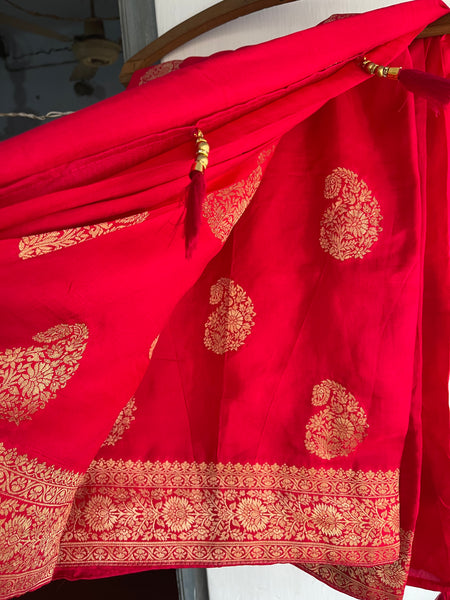 Pinkish Red Muga Silk Saree