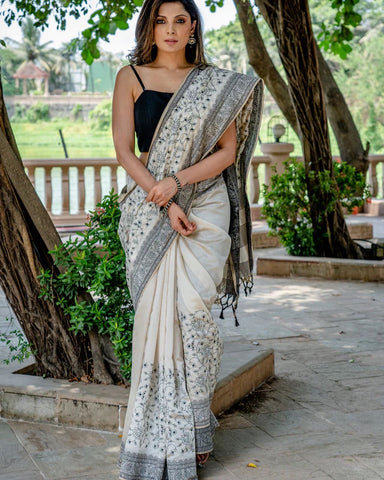 CLASSIC SEMI SILK HEAVY EMBROIDERED OFF WHITE SAREE