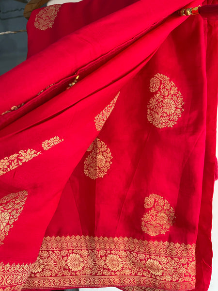 Pinkish Red Muga Silk Saree