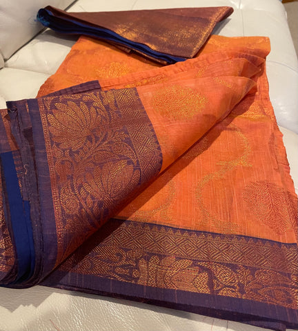 Coral Pink and Purple Handloom Brocade Cotton Silk Saree