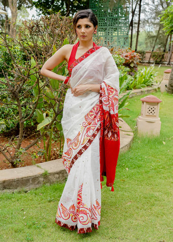 CHANDERI HANDPAINTED WHITE SAREE WITH IKAT BORDER