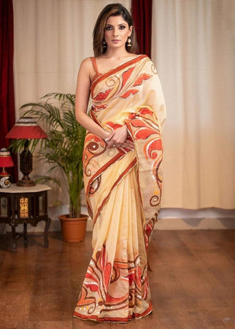 Buy Fashila Self Design Bollywood Silk Blend Cream Sarees Online