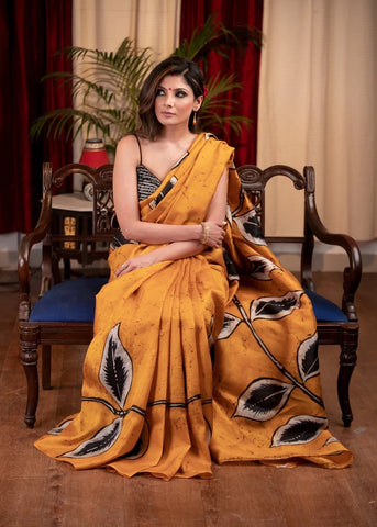 PURE SILK HAND BATIK MUSTARD YELLOW SAREE WITH WARLI DESIGN MOTIFS