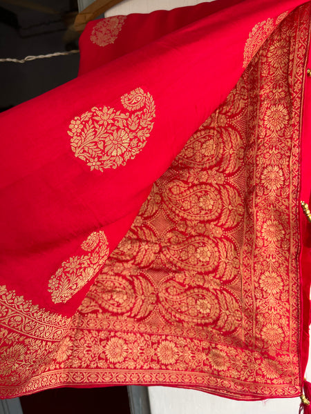 Pinkish Red Muga Silk Saree