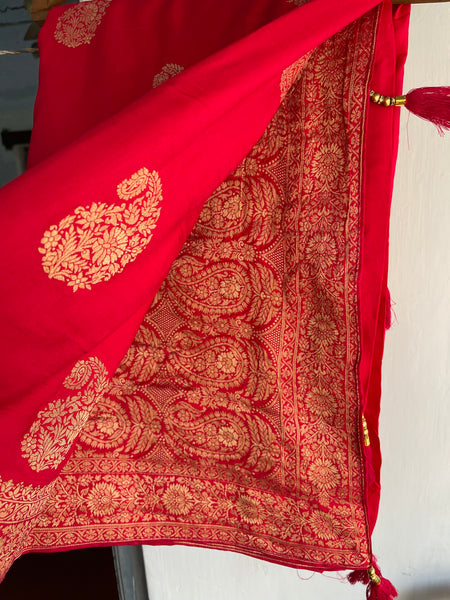 Pinkish Red Muga Silk Saree