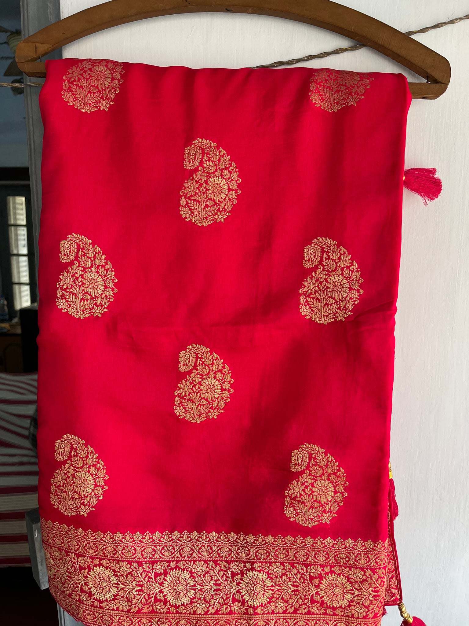 Pinkish Red Muga Silk Saree