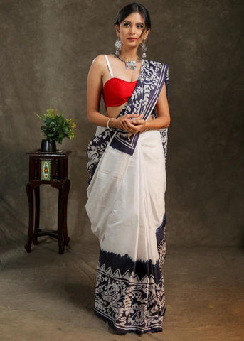 MUL COTTON WHITE AND BLUE COMBINATION SAREE