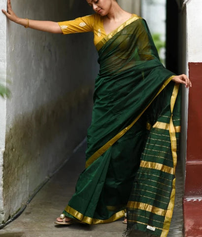 Pure Maheshwari Handloom Forest Green and Gold