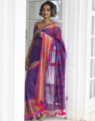 Pink, Purple and Gold Cotton Zari Saree